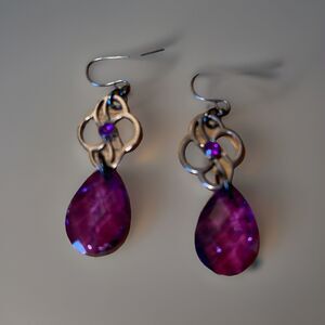 Purple Hook Earrings Chrome Celtic Signs Atop Purple Beads